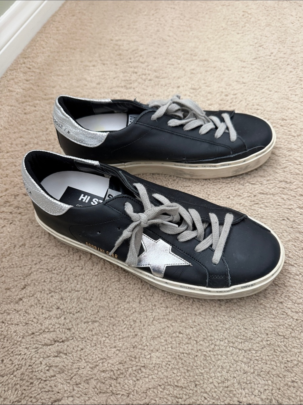Golden Goose-Style Black Leather Low-Top Hi Star Sneakers with Silver Star 9 40